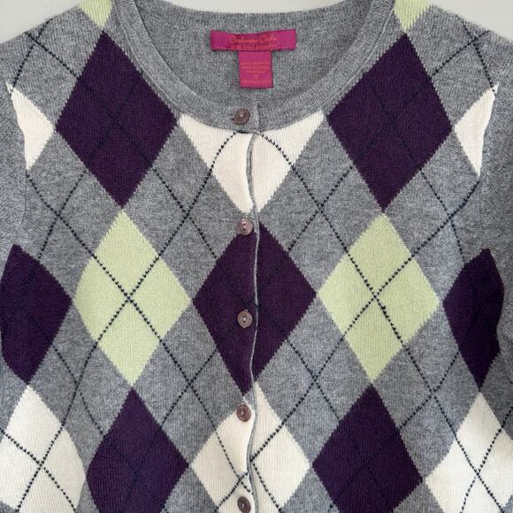 Cashmere Cache Woman’s Button Up Short Sleeve Argyle Sweater Gray Purple Size S - Picture 4 of 6